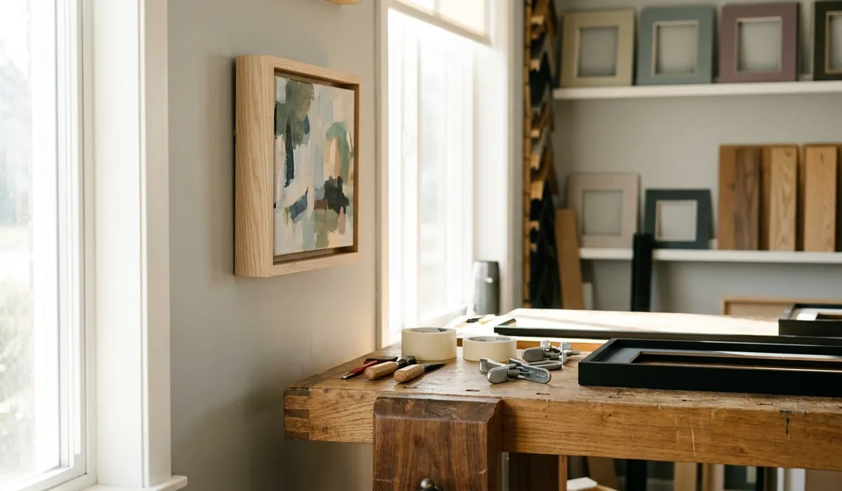 A canvas sitting proud inside a pale wood float frame.