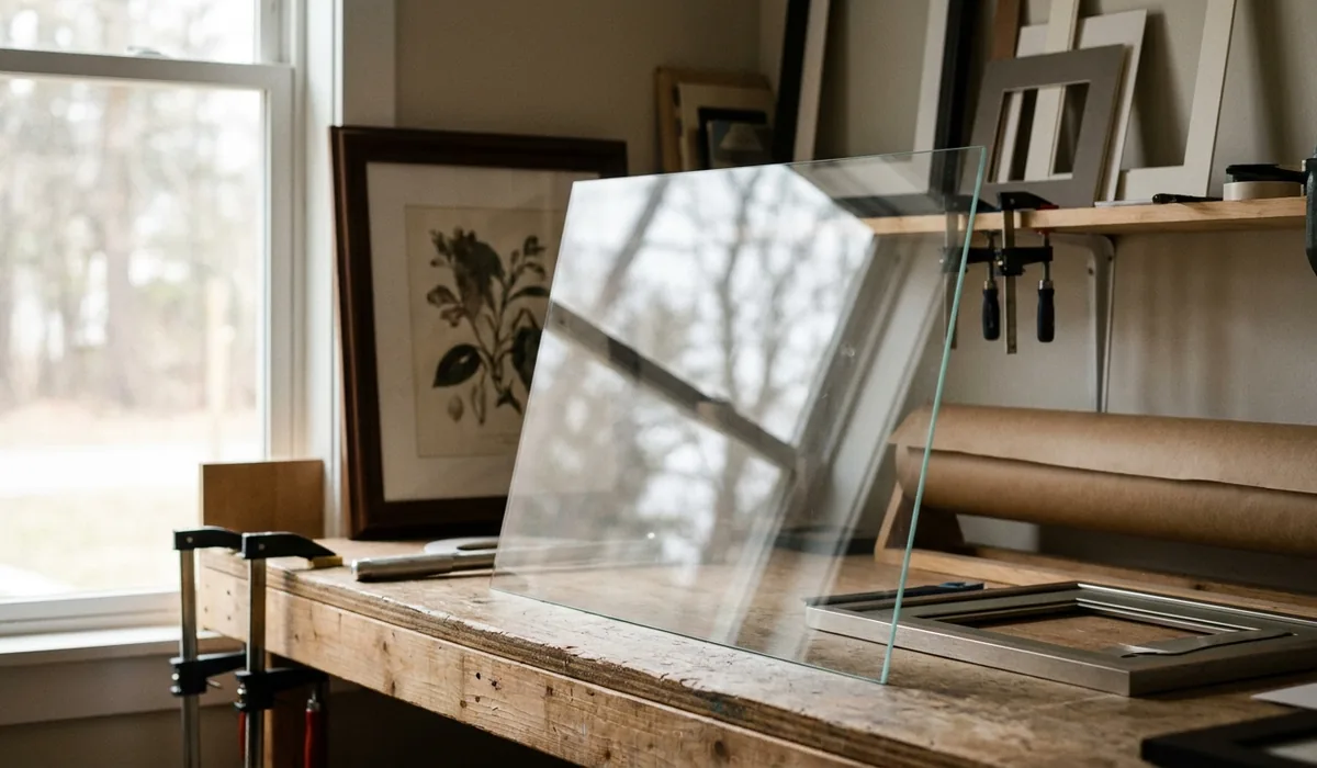 A sheet of glazing catching a soft reflection over a framed print.