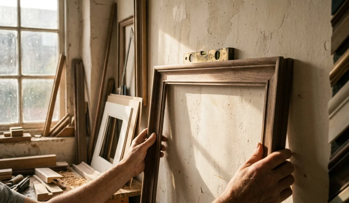 Two hands levelling a large frame against a wall.