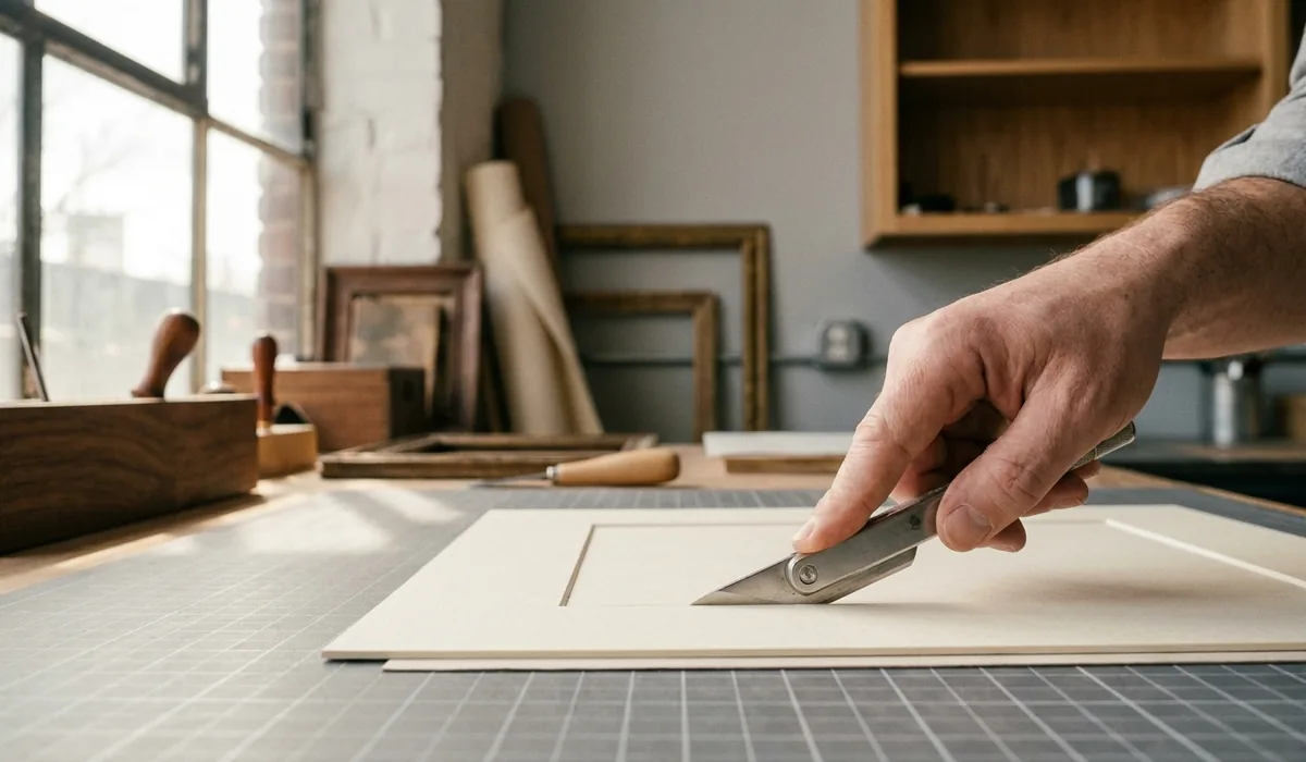 A bevel cut through cream mat board on the cutting bench.