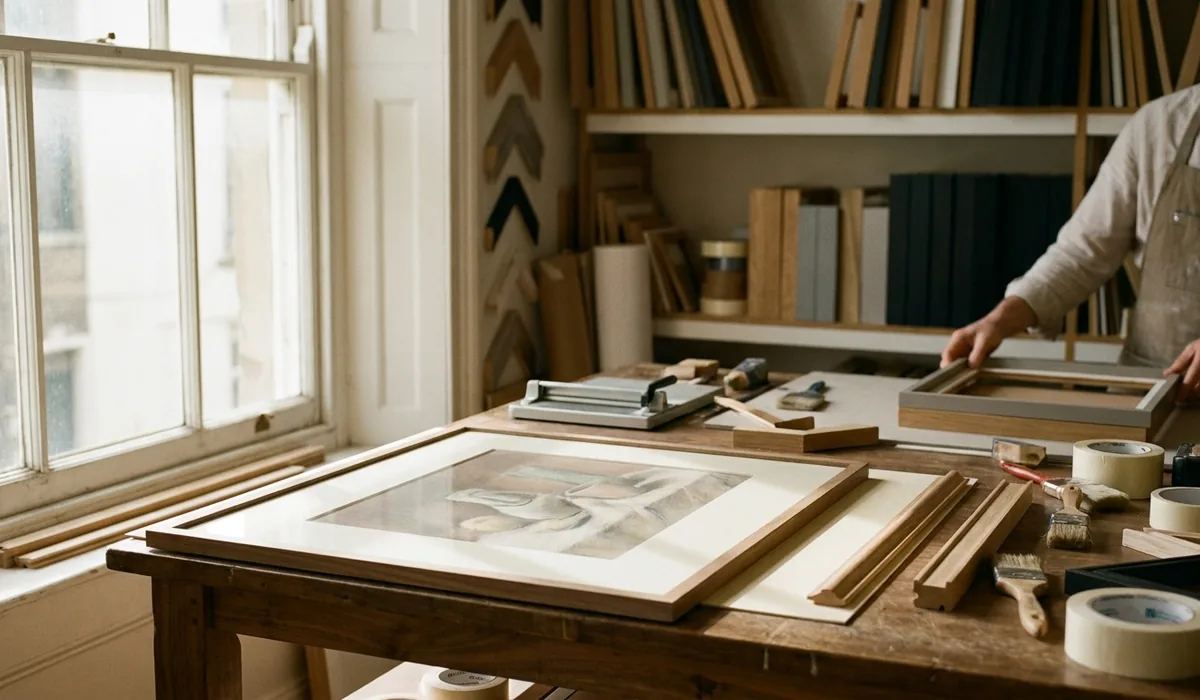 A framed pastel drawing behind glass, softly side-lit.