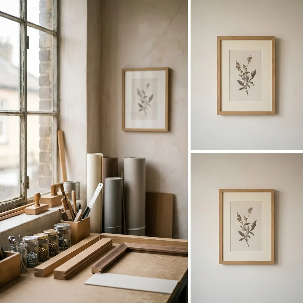 A botanical print in a natural oak frame with a wide cream mat.