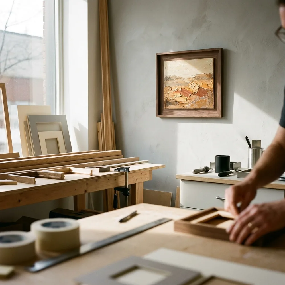 A small oil painting in a warm walnut frame without a mat.