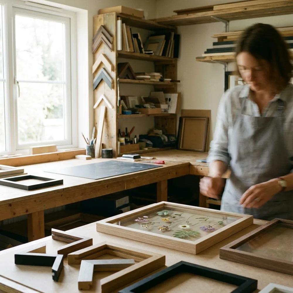 Pressed flowers float-mounted between glass in a pale wood frame.