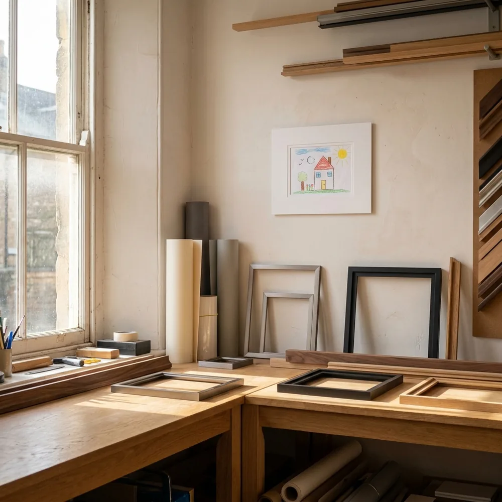A child's crayon drawing in a simple oak frame with a white mat.