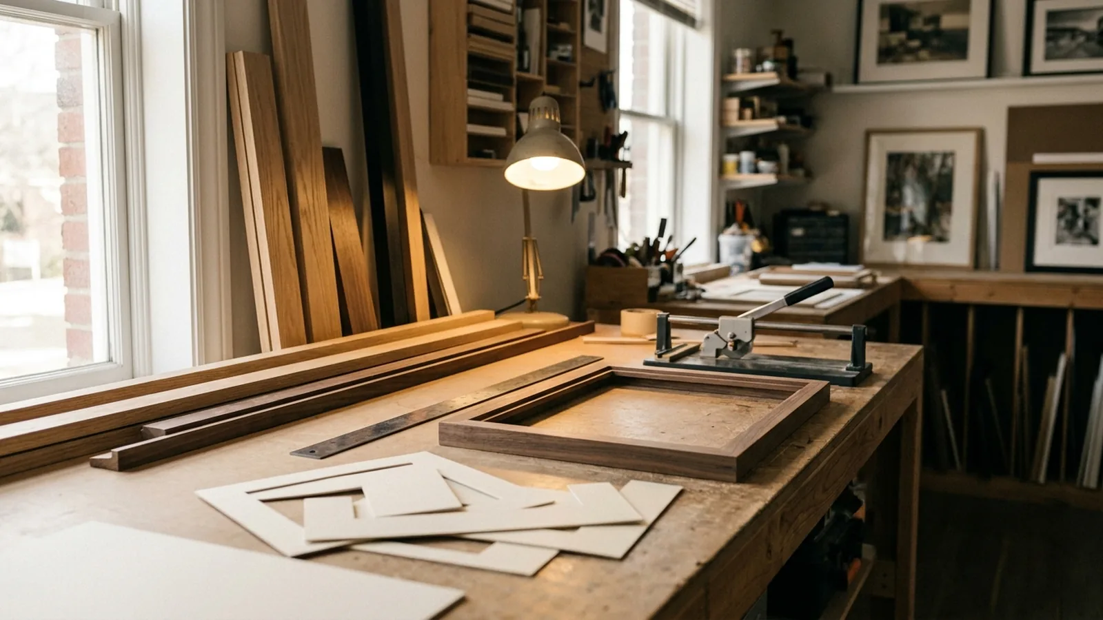 The Northlight Frames workbench with mouldings, mat board, and a part-finished frame under a work lamp.