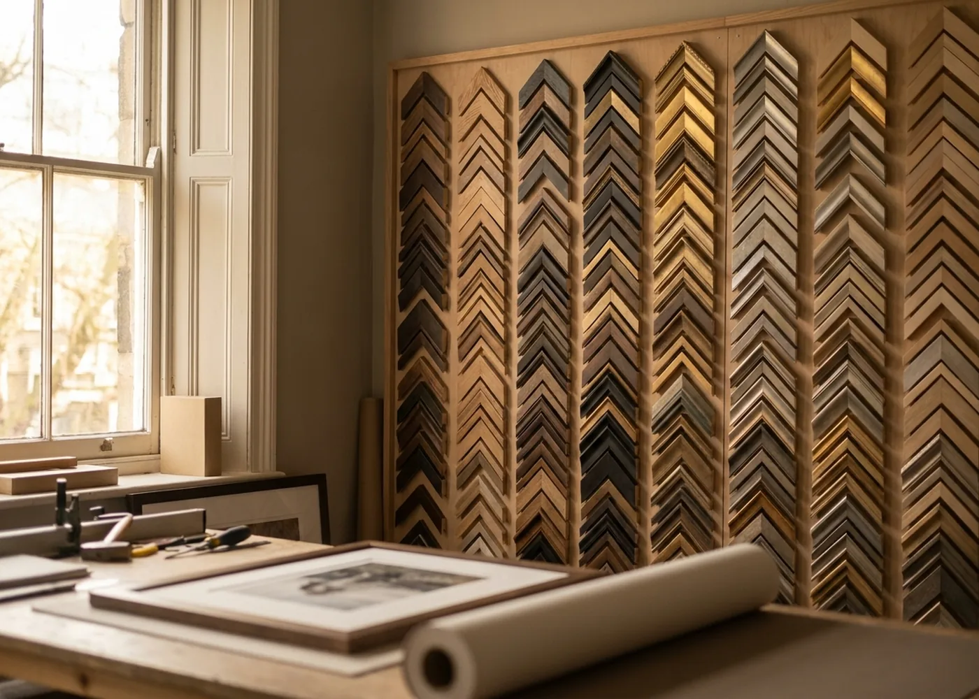 A wall of moulding corner samples in wood and metal finishes above the framing bench.
