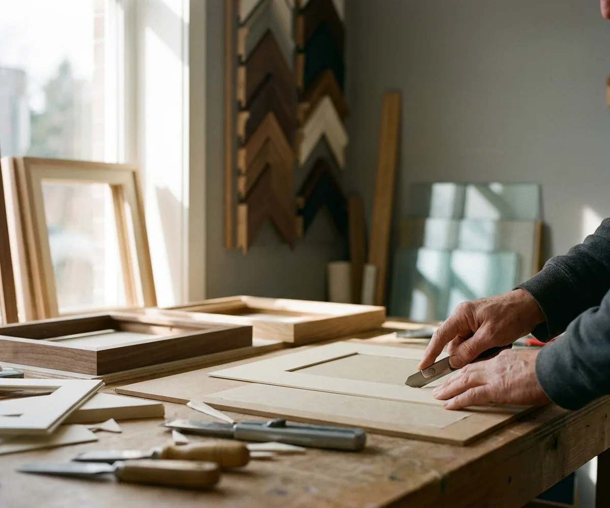 A framer squaring a mat on the cutting bench beside a wall of moulding samples.