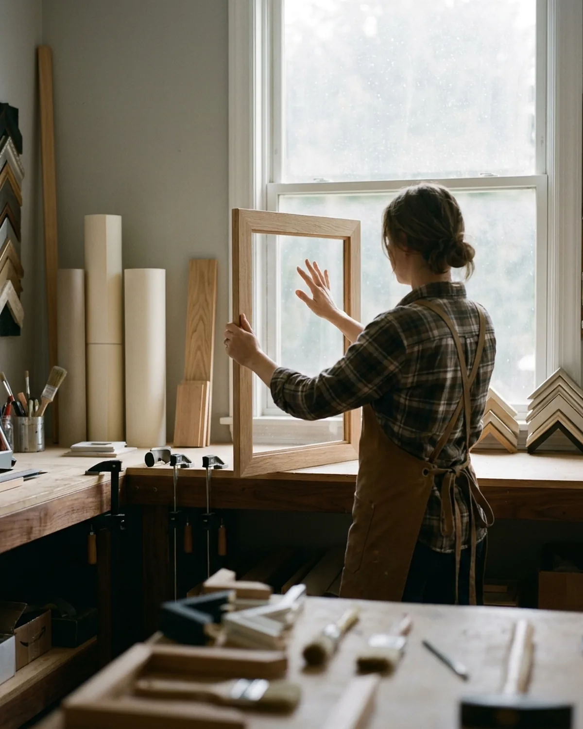 A framer at the bench holding a finished frame up to the light.